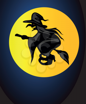 Flying witch on mon light for halloween or mystery design