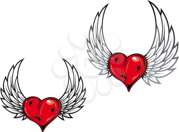 Damaged retro heart with wings for tattoo or t-shirt design