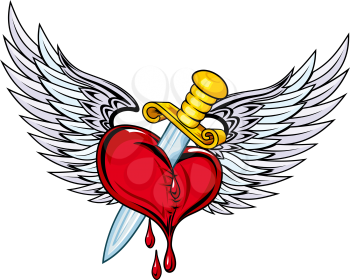 Heart with sword and wings in retro style for tattoo design