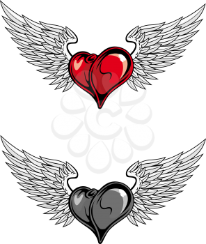 Medieval heart with wings for religion or tattoo design in color and desaturate version