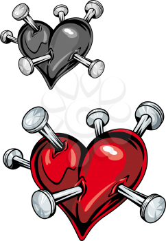 Damaged heart with nails for t-shirt or tattoo design
