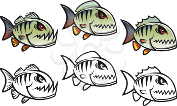 Angry cartoon piranha fish in three variations isolated on white backgrounds