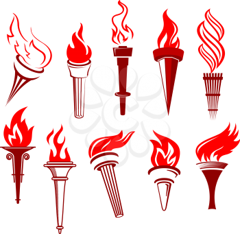 Set of flaming torchs isolated on white background
