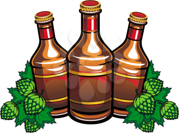 Beer bottles and hop leaves for pub or tavern design