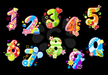 Colorful children numbers and digits with toys and embellishments
