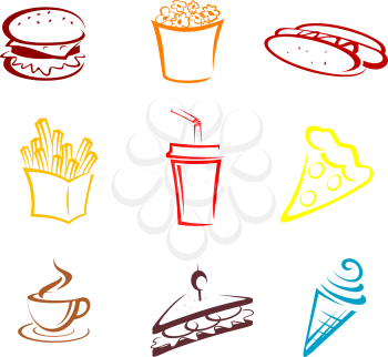 Fast food and snack symbols in cartoon style