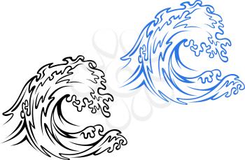 Big sea wave in black and blue variations in cartoon style