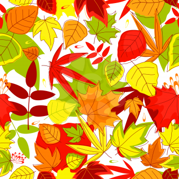 Autumnal seamless pattern with yellow, red, green and red leaves