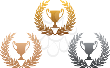 Golden, silver and bronze laurel wreaths with trophy for sports design