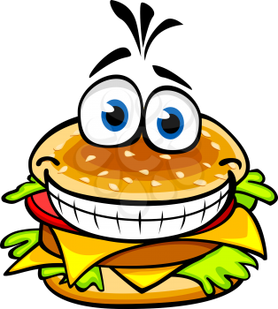 Appetizing smiling hamburger in cartoon style for fast food design