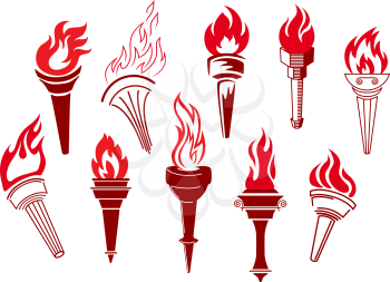 Flaming retro torches isolated on white background