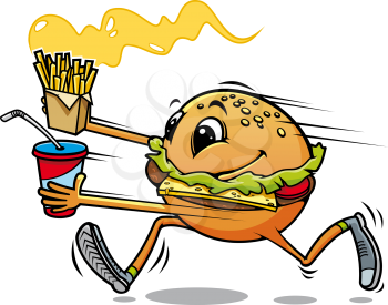 Running hamburger with fresh drink and fried potato for fast food design
