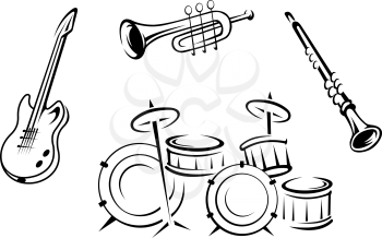 Set of musical instruments in retro style isolated on white background