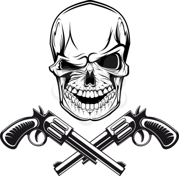 Smiling skull with revolvers for tattoo design