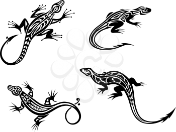Black lizards isolated on white background in tribal style with decorative elements