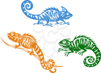 Green, blue and orange chameleons in cartoon style
