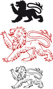 Medieval heraldic lion in color and silhouette variations