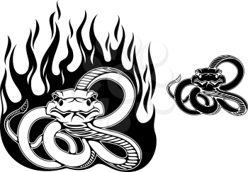 Danger rattlesnake in two variations with black flames for tattoo or warning sign design