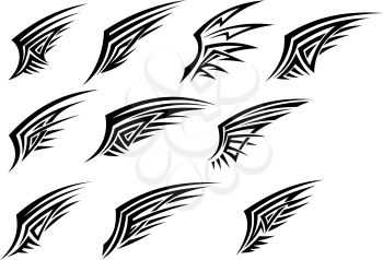 Set of black tribal wing tattoos isolated on white background