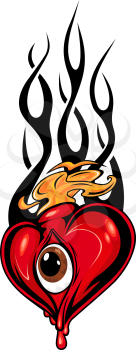 Heart tattoo or mascot with eye and tribal flames isolated on white