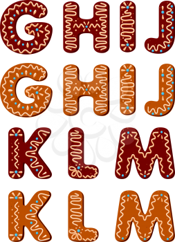 Gingerbread alphabet letters from G to M for christmas or new year holiday design