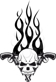 Human skull with gun and flames for tattoo design