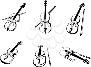 Set of classical musical violins instruments in silhouette style
