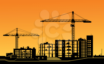 Working cranes on building for construction industry design