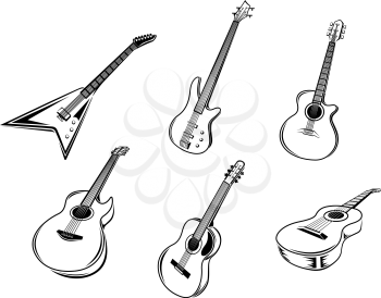 Musical guitars instruments isolated on white background