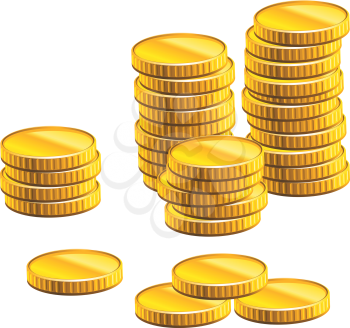 Many gold coins isolated on white background for business and economic concepts design