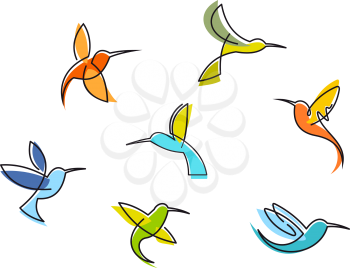 Abstract colorful hummingbirds set isolated on white background