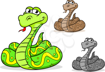 Cartoon python snake in three variations isolated on white background