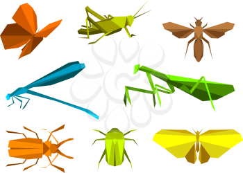 Insects set in origami paper elements isolated on white background

