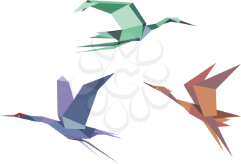 Herons, cranes and storks in origami style isolated on white background