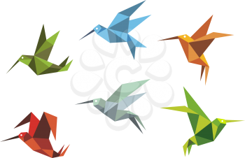 Colorful flying hummingbirds in origami style isolated on white background