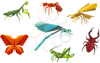 Insects set in origami style isolated on white background
