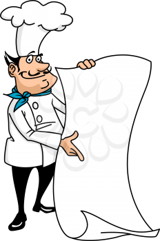 Cartoon smiling chef with blank menu paper in hands