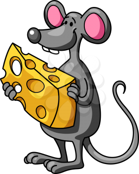Funny cartoon mouse with piece of tasty cheese