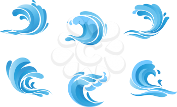 Set of blue sea waves isolated on white background