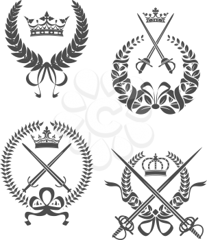 Retro laurel wreathes with swords, sabers and crowns for heraldry design
