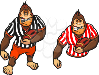 Gorilla player with rugby ball in cartoon style for mascot design