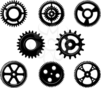 Set of metallic pinions and gears for industry concept design isolated on white background