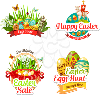 Easter sale icons of paschal eggs hunt in wicker basket, tulip or lily flowers and willow bunch, passover lamb and crucifix cross. Happy Easter religion holiday vector shopping discount isolated set