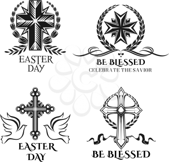 Easter icons and crucifix cross ornate symbols, doves and paschal greeting text be blessed, celebrate Christ savior for resurrection Sunday. Vector design of Christian Easter religion holiday