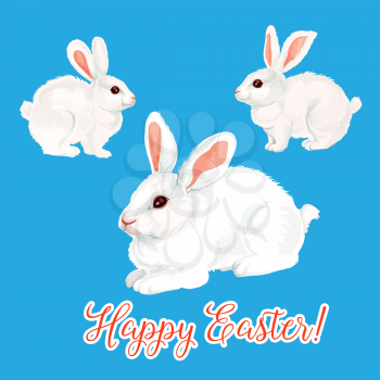 Happy Easter greeting card of paschal bunny rabbit or white hare for egg hunt. Vector isolated symbols set for Easter or Resurrection Sunday religion holiday design