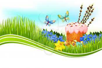 Easter cake and egg greeting banner. Painted Easter egg and sweet bread on green grass meadow with flowers of narcissus and forget-me-not, willow twigs and butterflies. Easter poster with copy space
