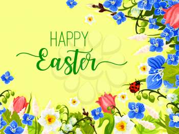 Happy Easter greeting of paschal eggs and spring flowers wreath of tulips, snowdrops and lily of valley with butterfly and ladybug. Easter vector template for Resurrection Sunday religion holiday