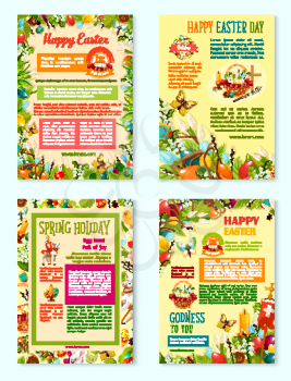 Easter Day, Spring Holidays cartoon poster template set. Easter egg, rabbit bunny, blooming flowers, chicken chick, egg hunt basket, Easter lamb and crucifix cross greeting banners in floral frame