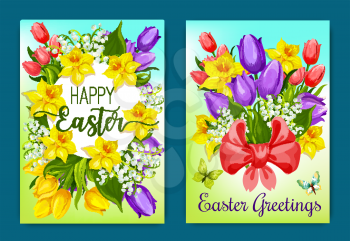 Easter flowers greeting card. Easter floral wreath and bunch of tulip, lily and narcissus flowers with green leaves, ribbon bow and butterflies. Easter holiday floral frame and festive poster design