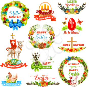 Easter icon set with holiday symbols. Easter egg, rabbit bunny, spring flower wreath with bow, chicken, egg hunt basket, chick, cross, lamb, candle, butterfly with ribbon banner. Easter emblem design